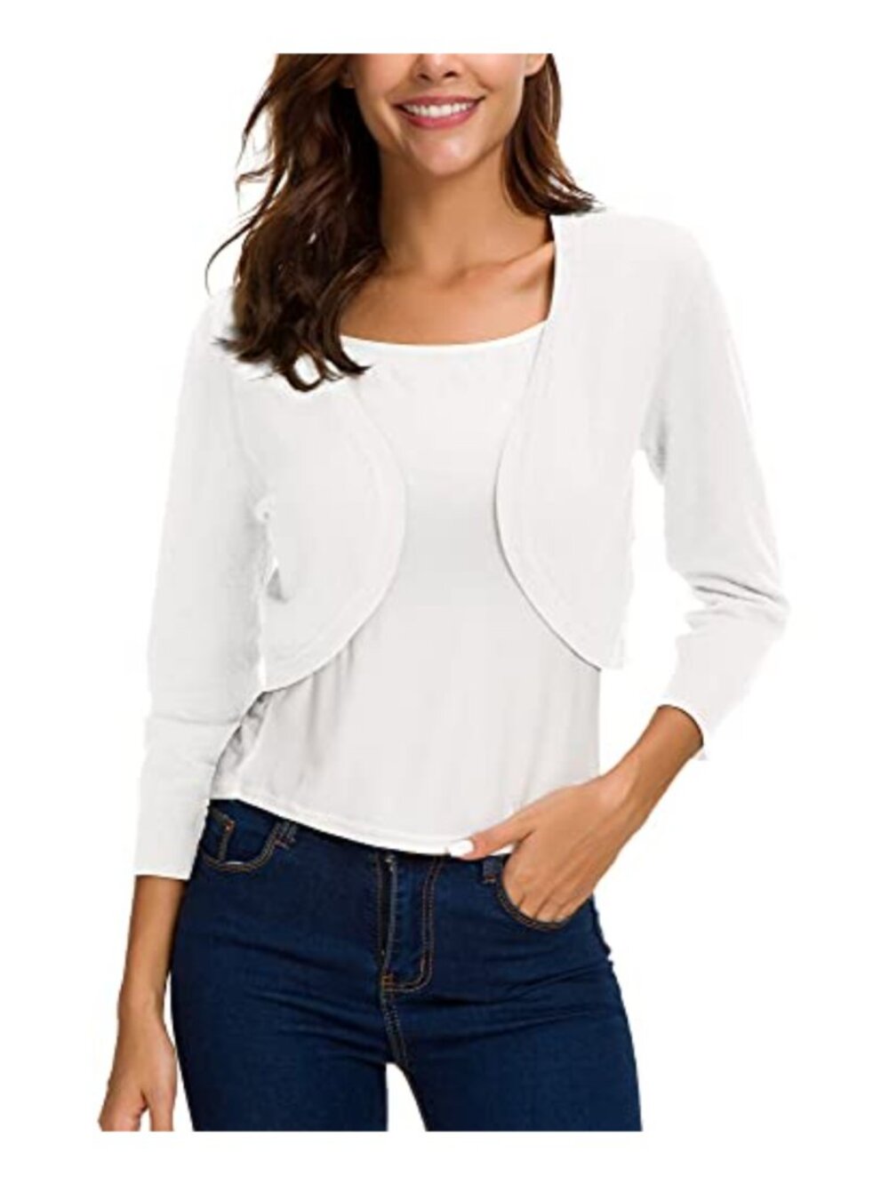 Women's Shrug Bolero Cardigan 3/4 Sleeve V-Neck Open Front Cropped Knit Sweater